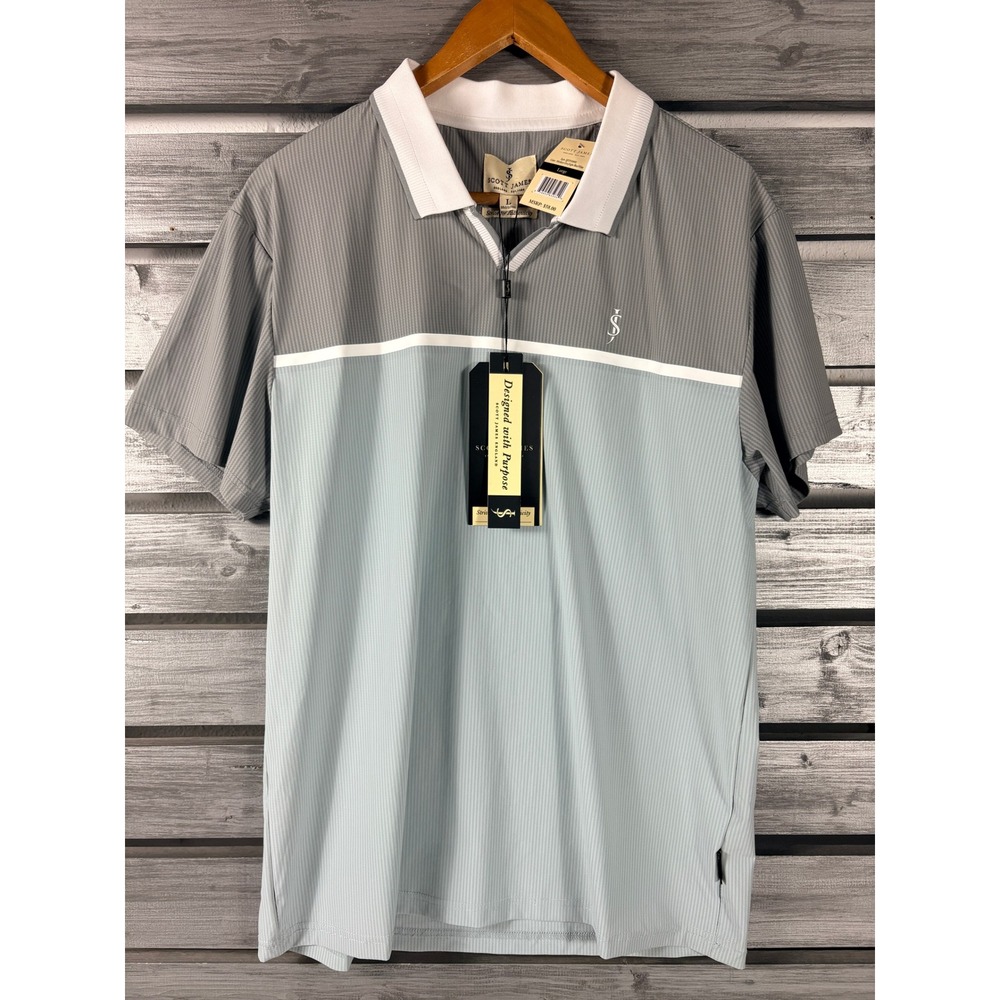 Scott James Mens L/M Performance Polo Shirt Grey Blue Colorblock NEW NWT
